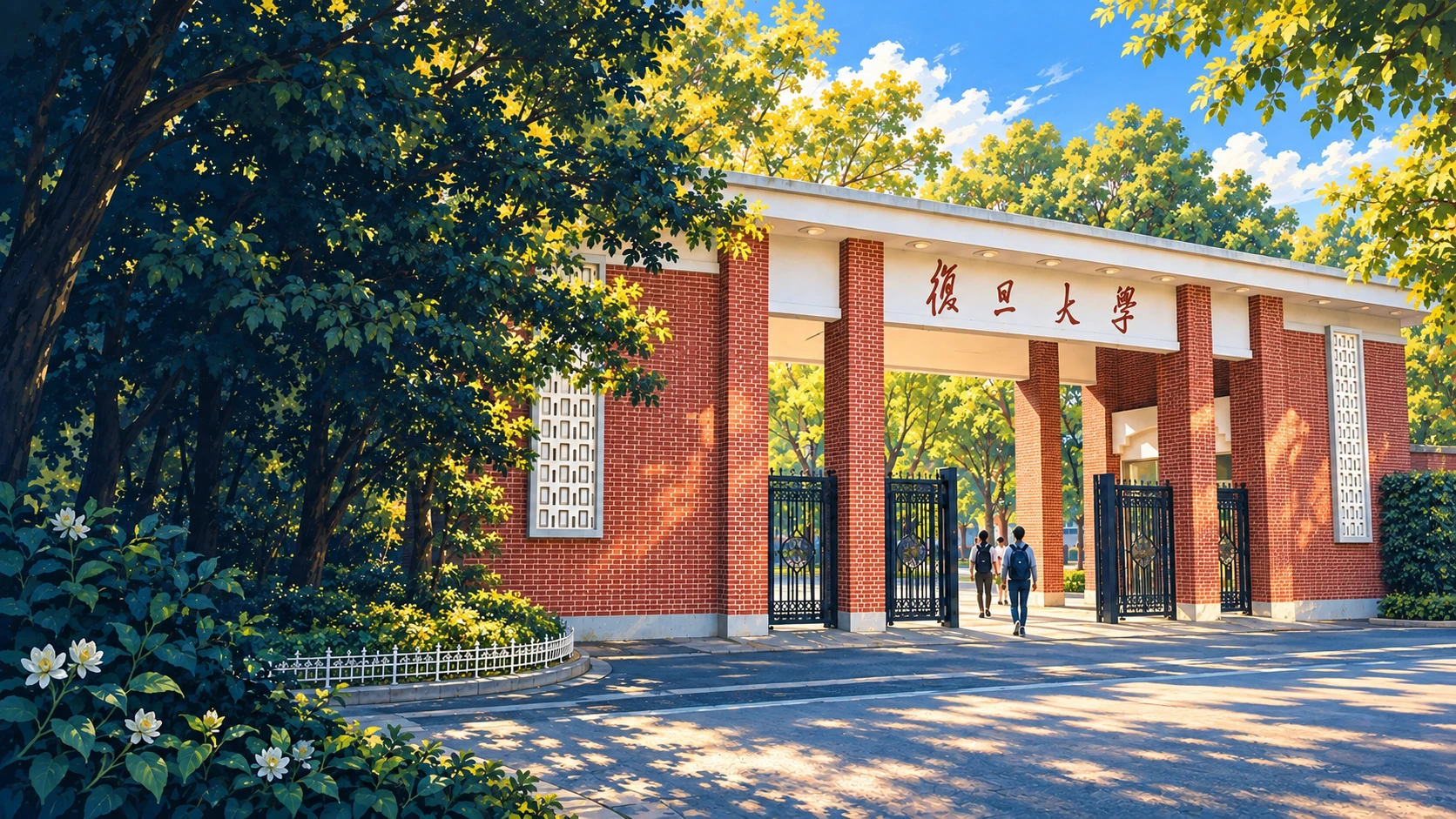 Painted AI illustration inspired by Fudan University's red-brick entrance in Shanghai