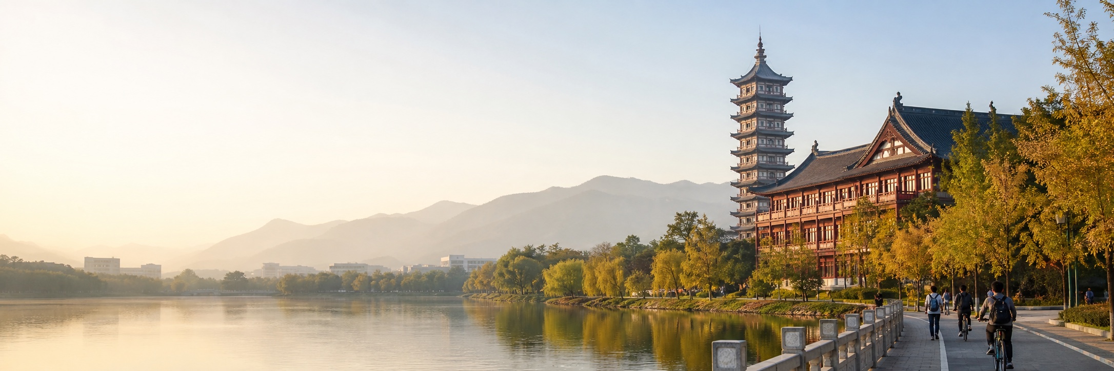 Lakeside Chinese university campus with traditional academic buildings