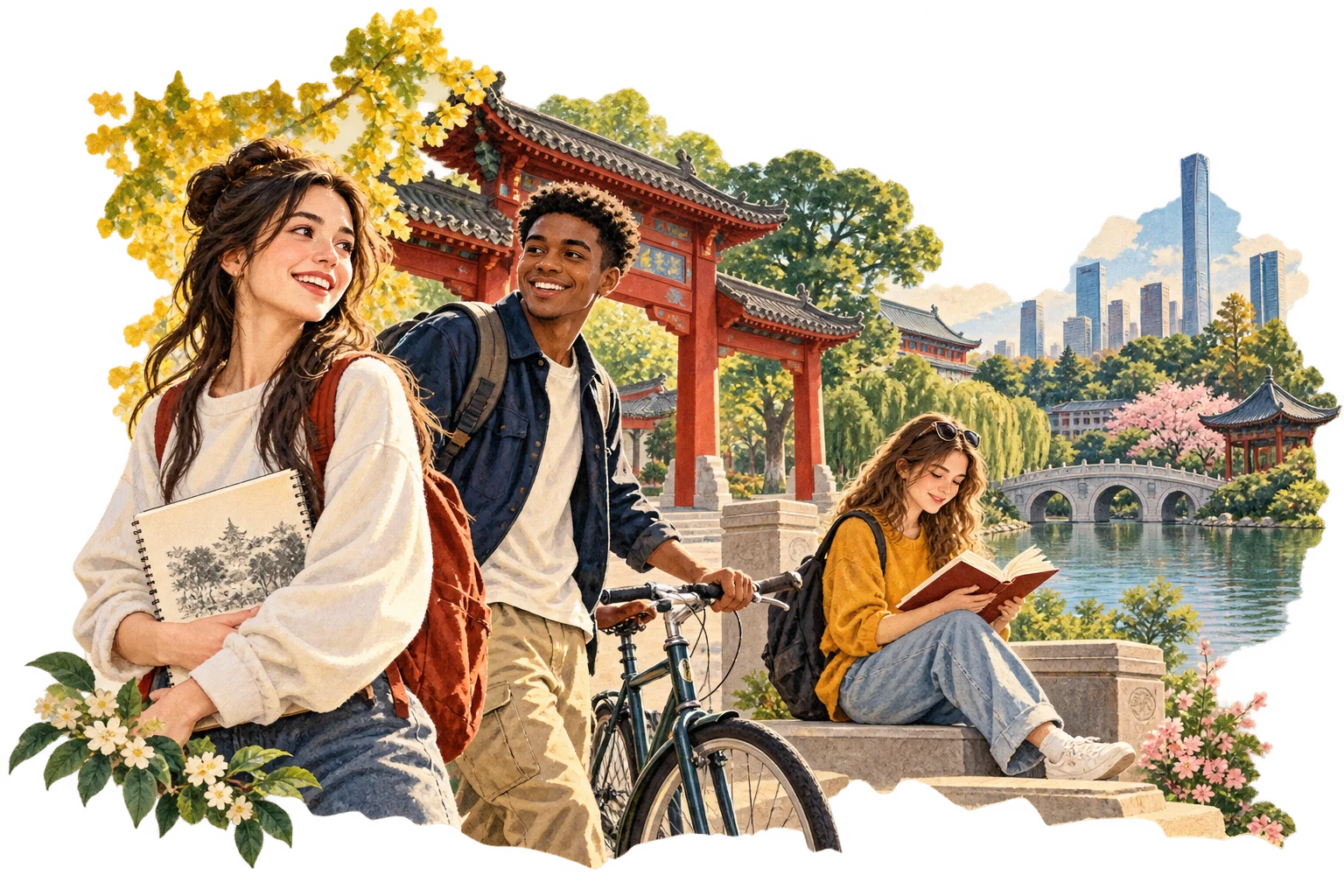 Original illustration of international students exploring an imagined Chinese campus
