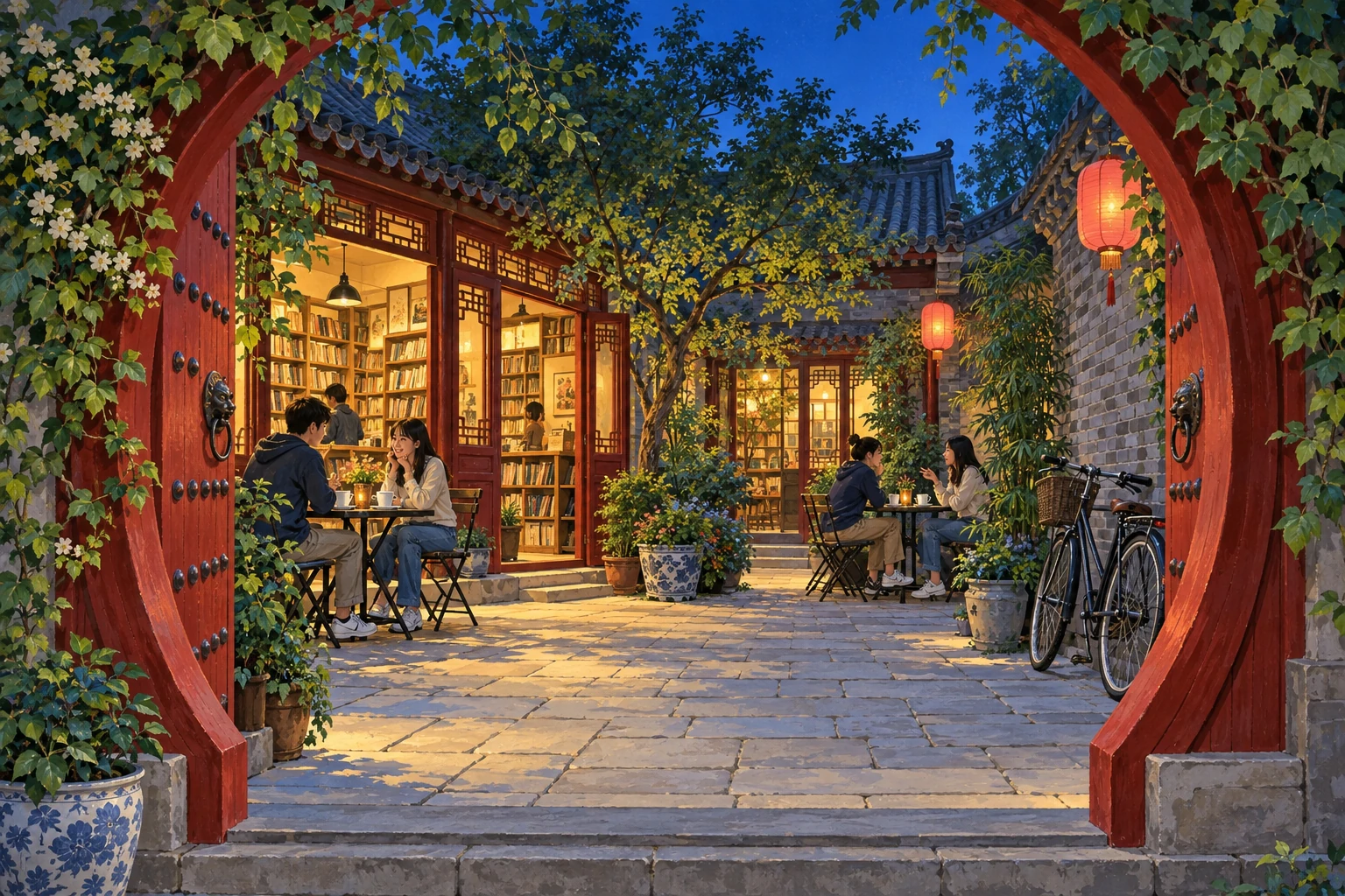 Illustration of students chatting in a leafy courtyard café