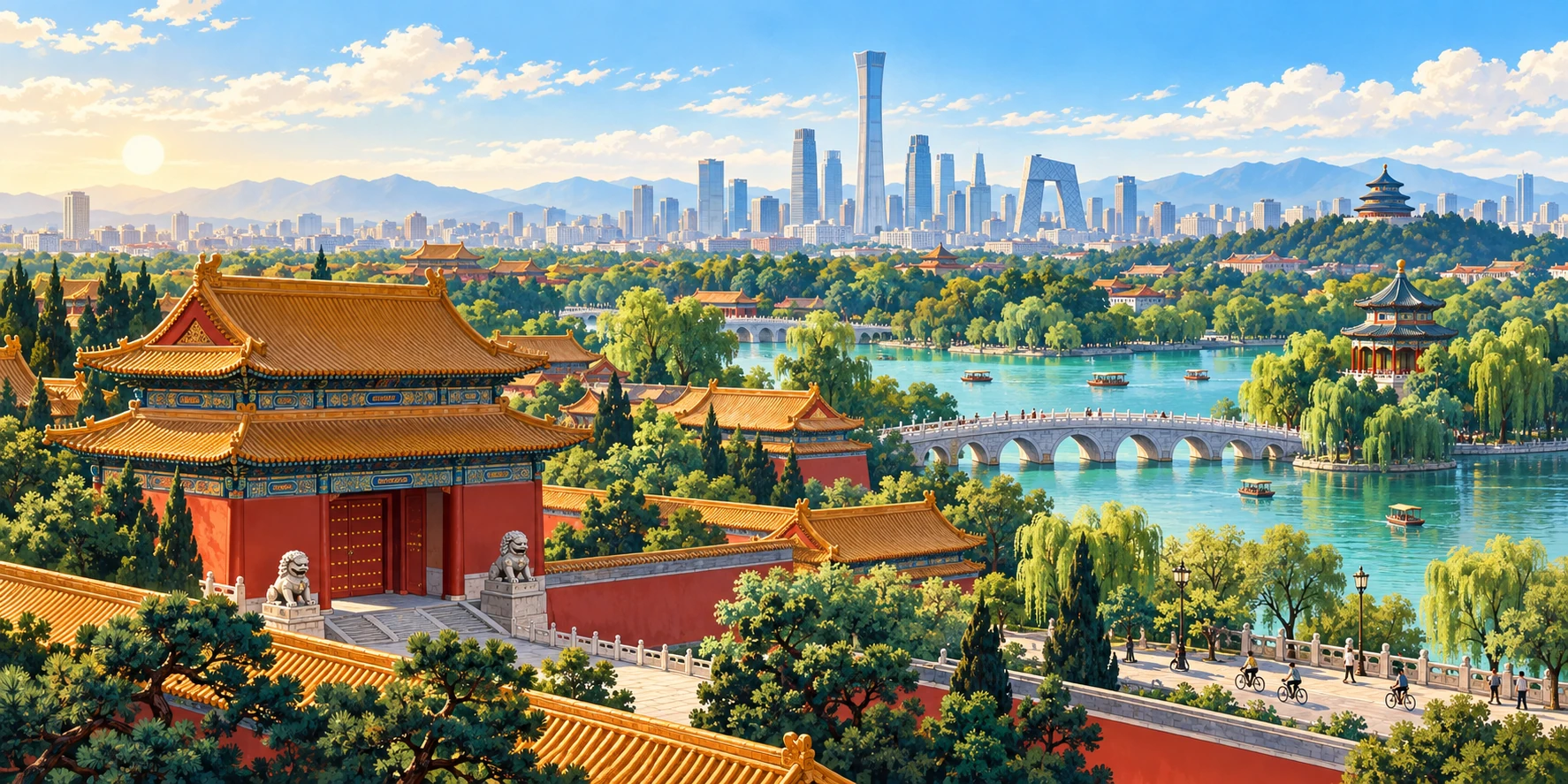 Illustration of Beijing’s historic and modern architecture
