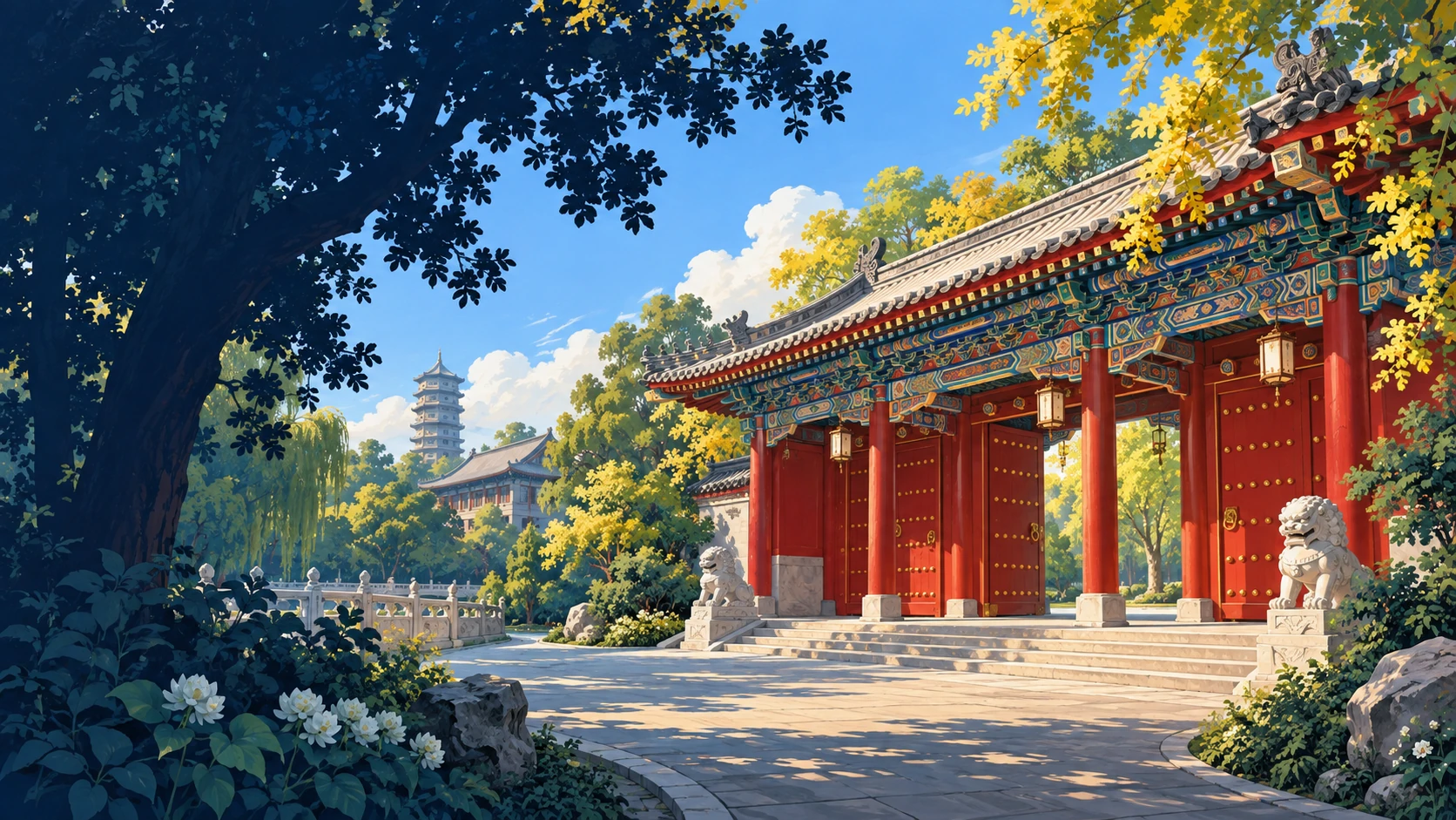 AI illustration inspired by a leafy Chinese university entrance