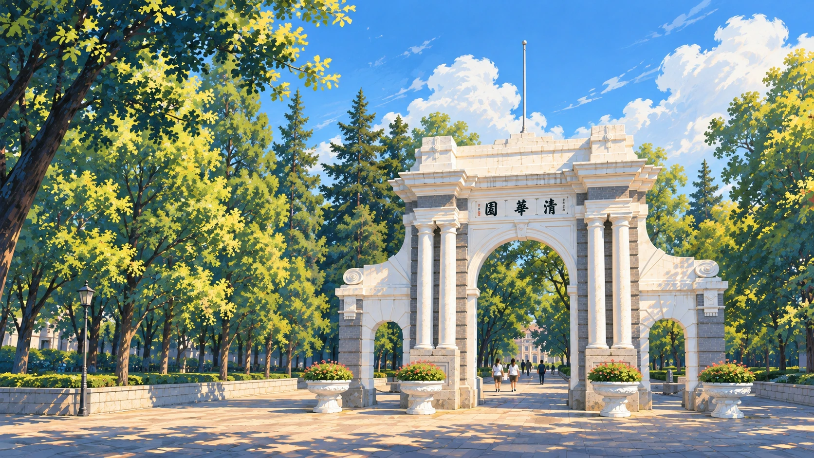 Painted AI illustration inspired by Tsinghua University's white Second Gate among sunlit trees