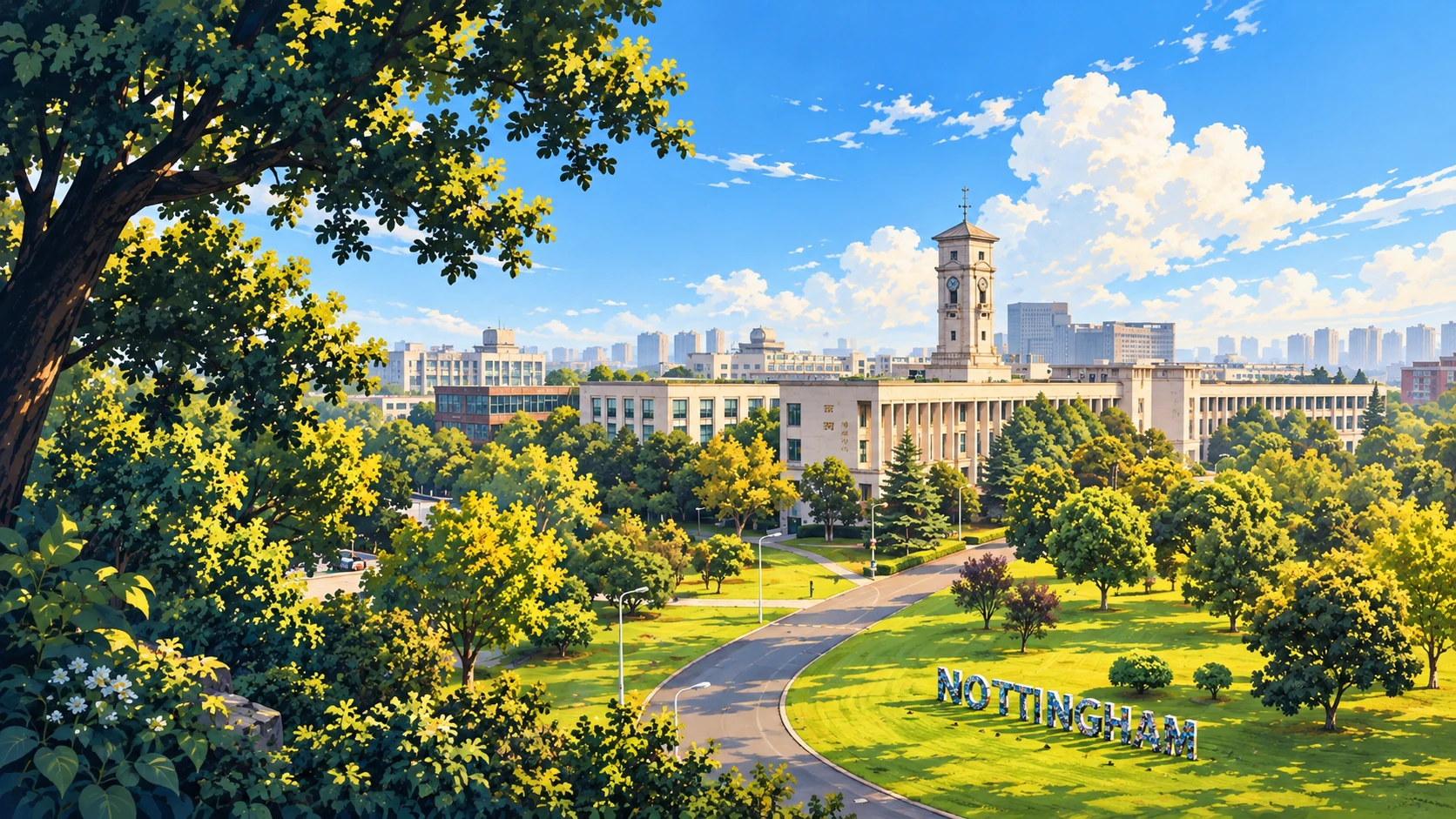 Painted interpretation inspired by the University of Nottingham Ningbo China’s Trent Building clock tower, campus lawns and academic buildings