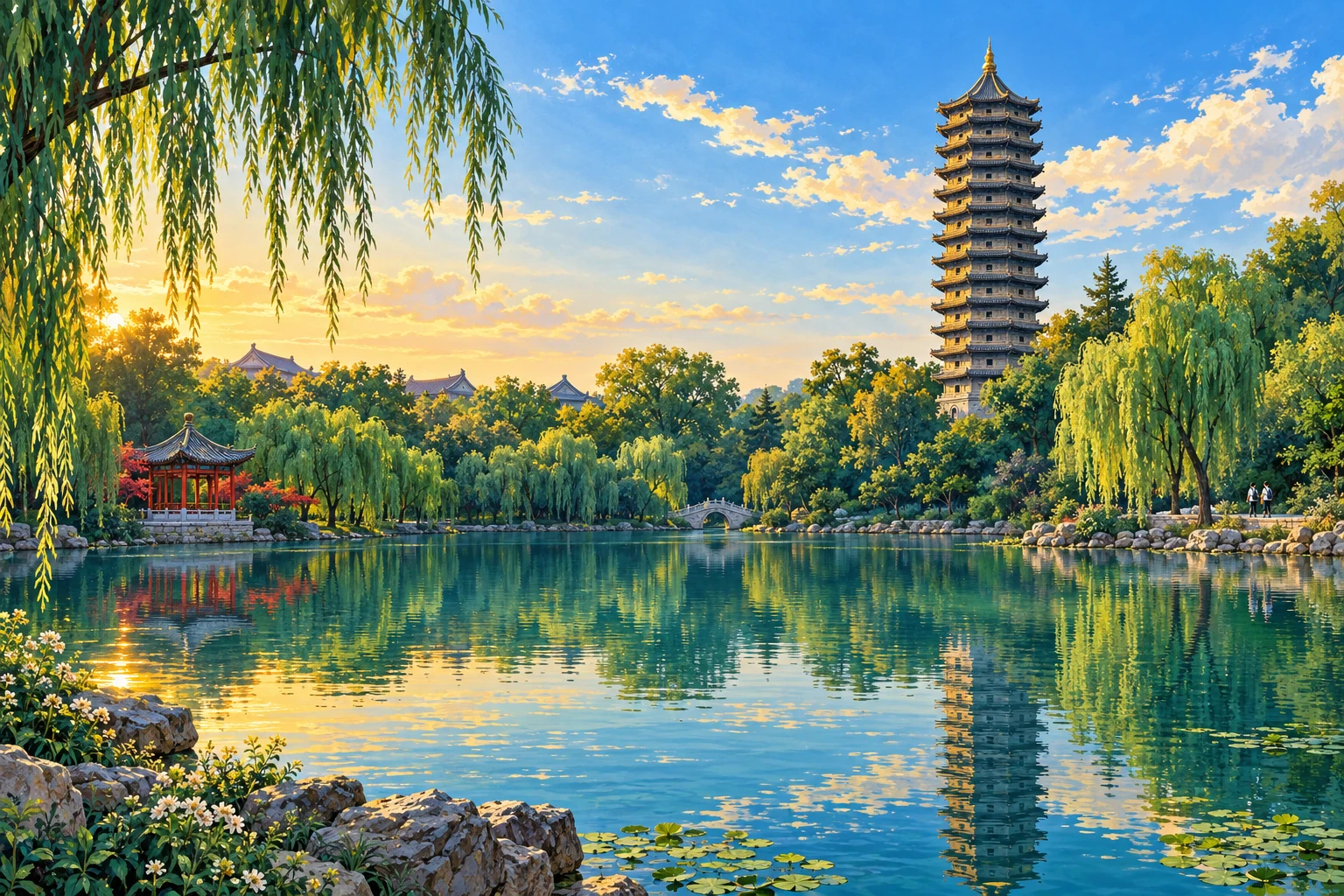 AI illustration inspired by Weiming Lake and Boya Pagoda