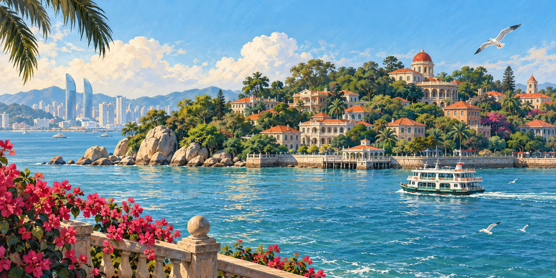 Painted AI interpretation of Gulangyu’s villas and the Xiamen waterfront