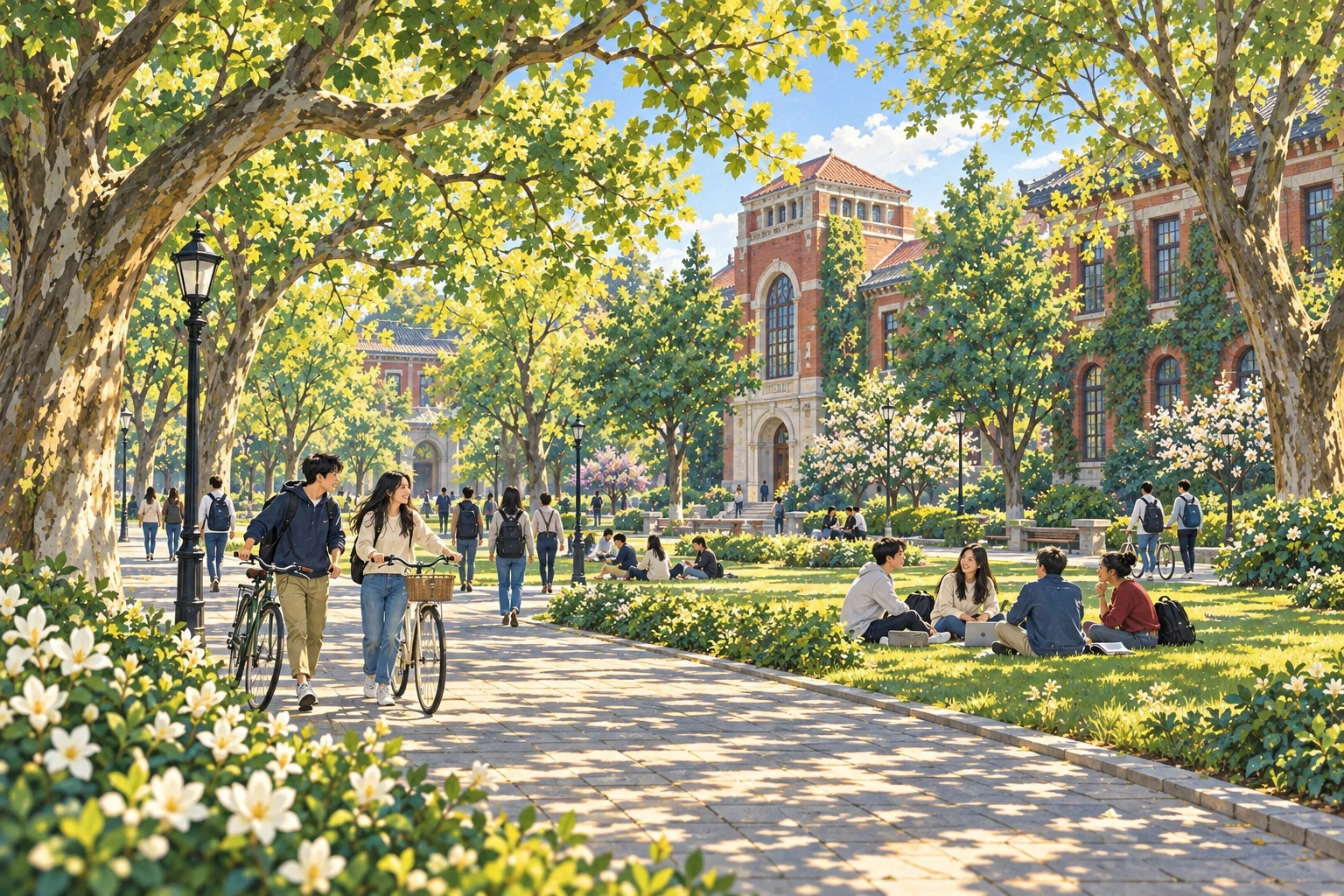 Painted AI illustration of students cycling, walking and sitting on a tree-lined Fudan campus