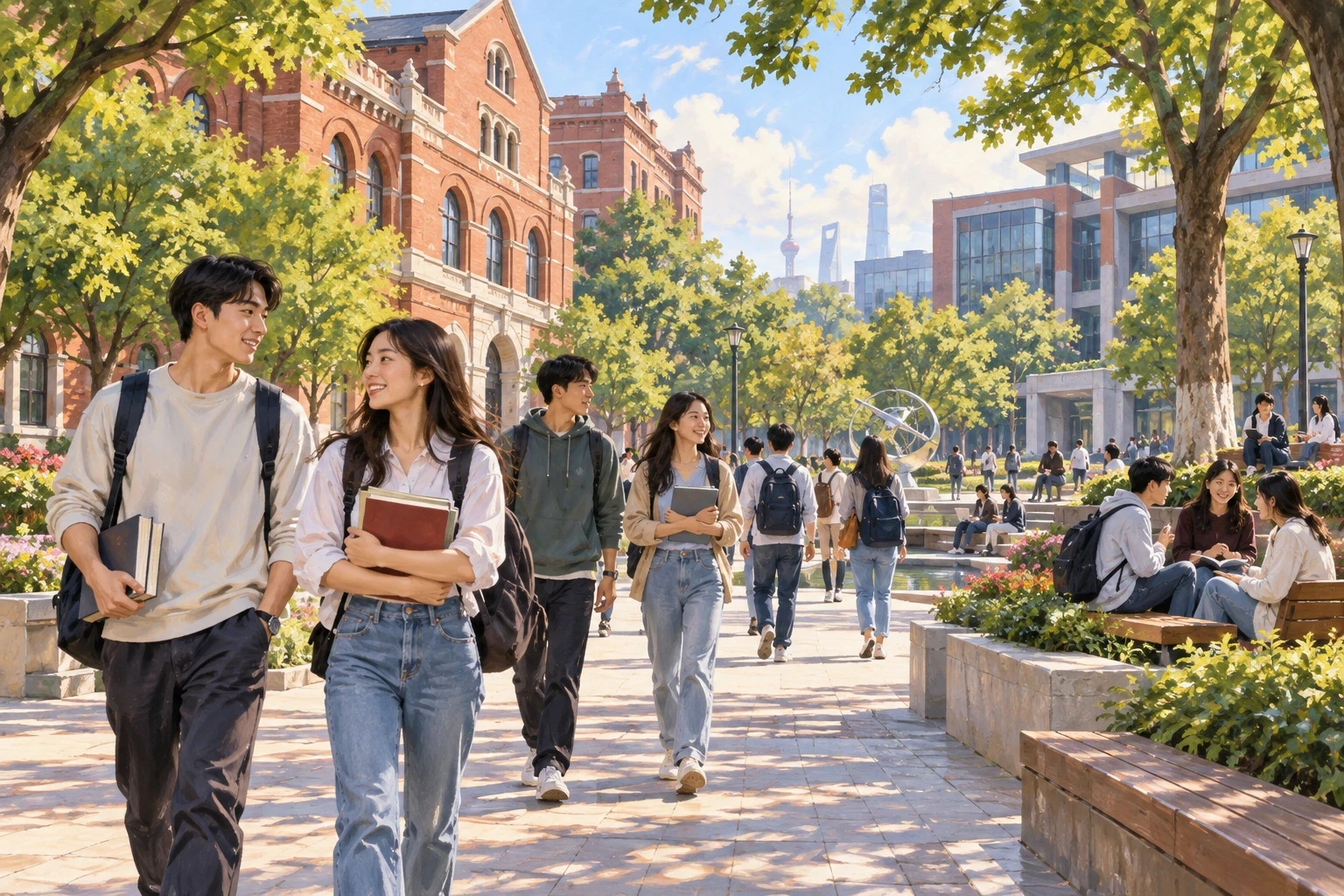 Painted AI illustration of students walking through an imagined leafy Shanghai university courtyard