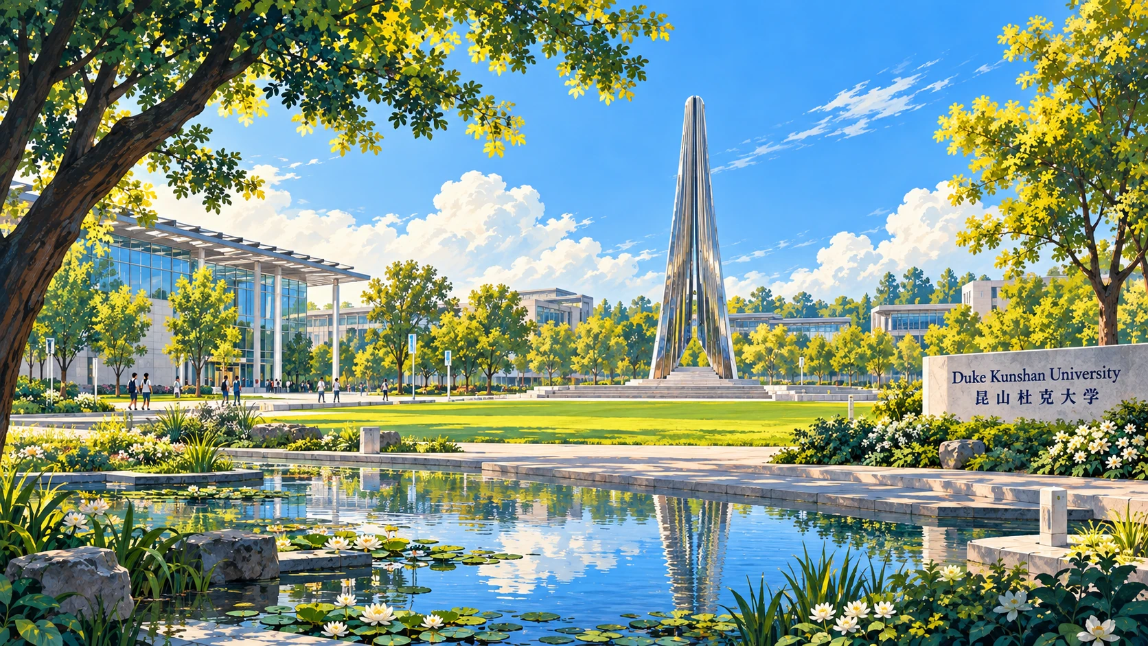 Painted interpretation inspired by Duke Kunshan’s silver campus sculpture, green lawns and modern academic buildings