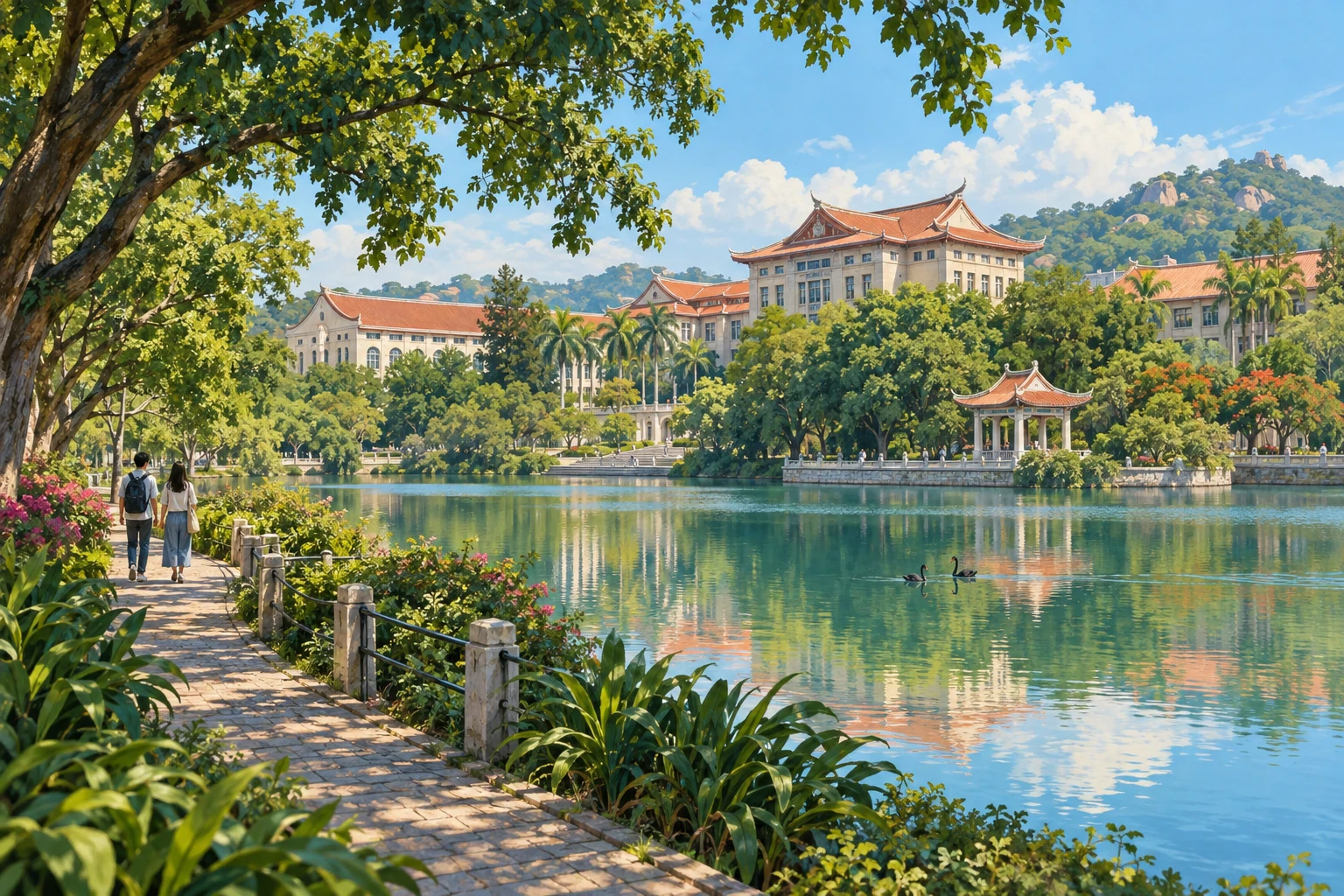 Painted AI interpretation of Furong Lake and red-roofed campus halls at Xiamen University