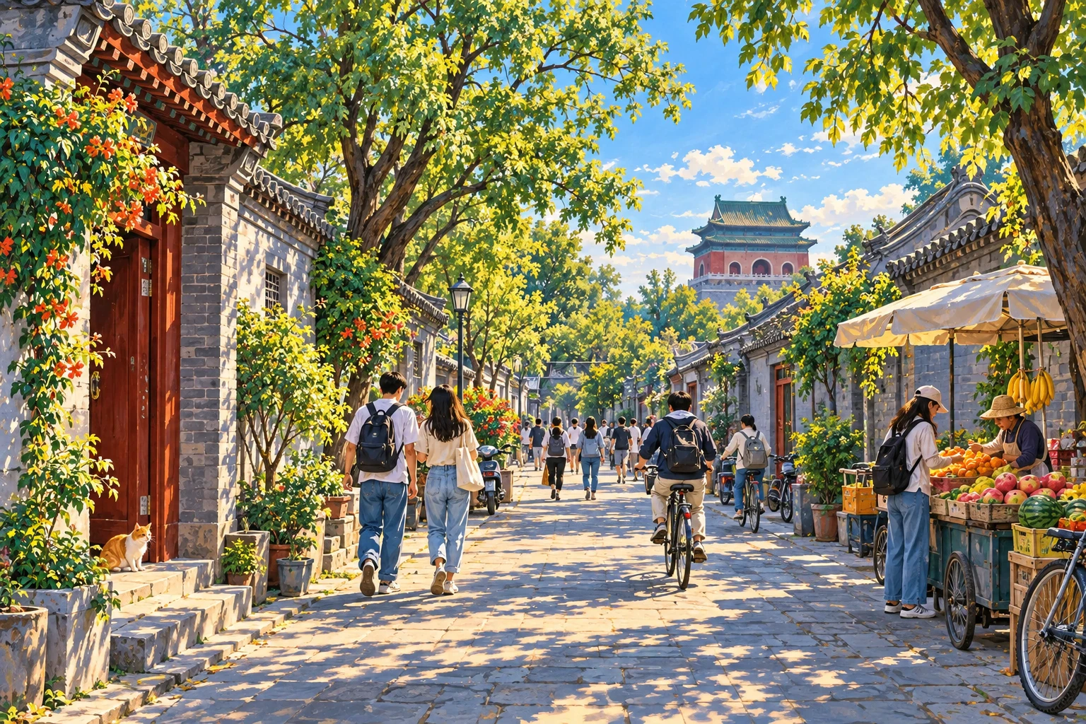 Painted AI interpretation of students walking and cycling through a leafy Beijing hutong street