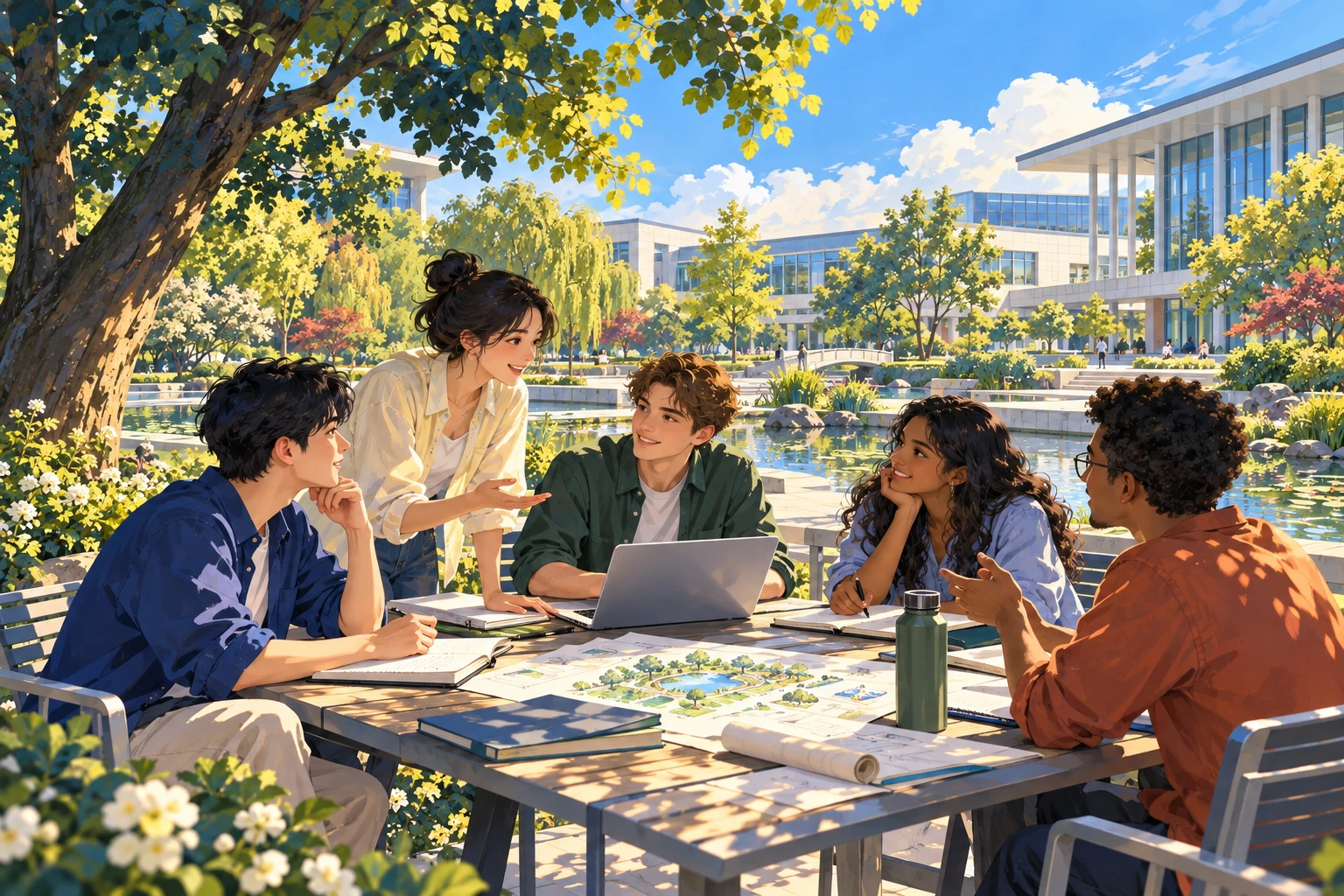 Painted illustration of an imagined student project discussion in a Duke Kunshan-inspired courtyard