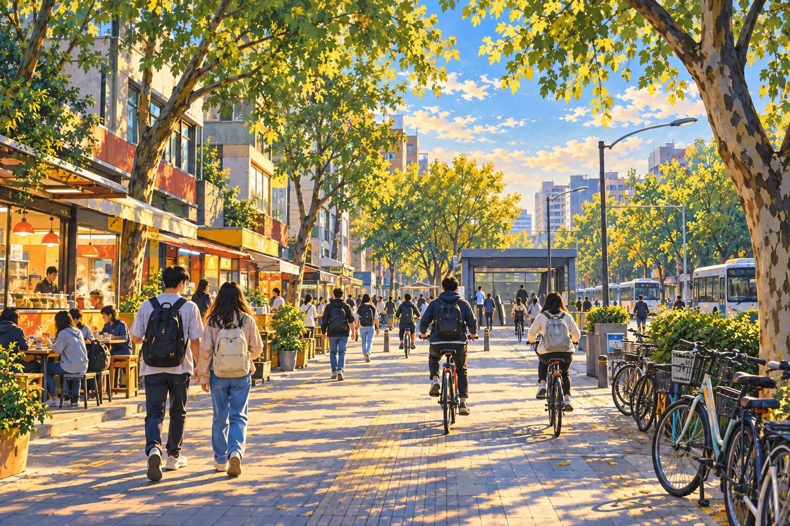 Painted AI interpretation of students walking and cycling along a leafy street in Beijing's Wudaokou district