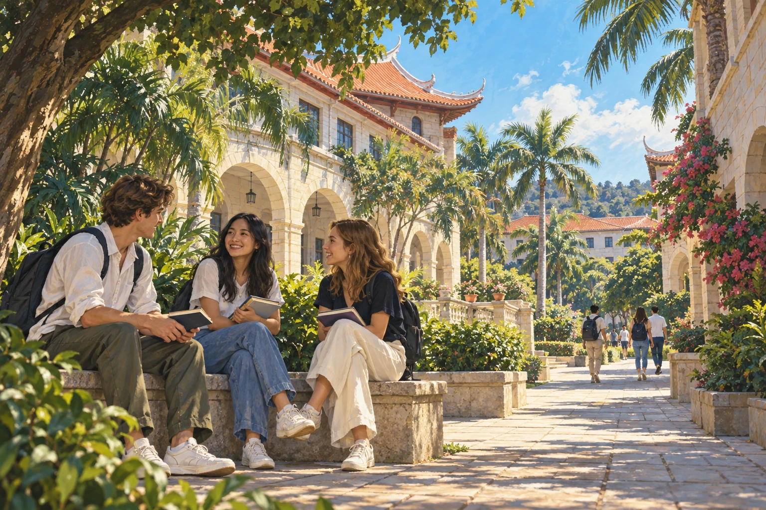 Painted AI illustration of an imagined student afternoon among Xiamen University-inspired arcades and palms