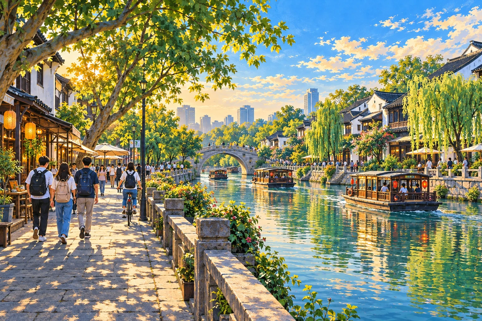 Painted AI interpretation of students walking and cycling beside a lively canal in Hangzhou