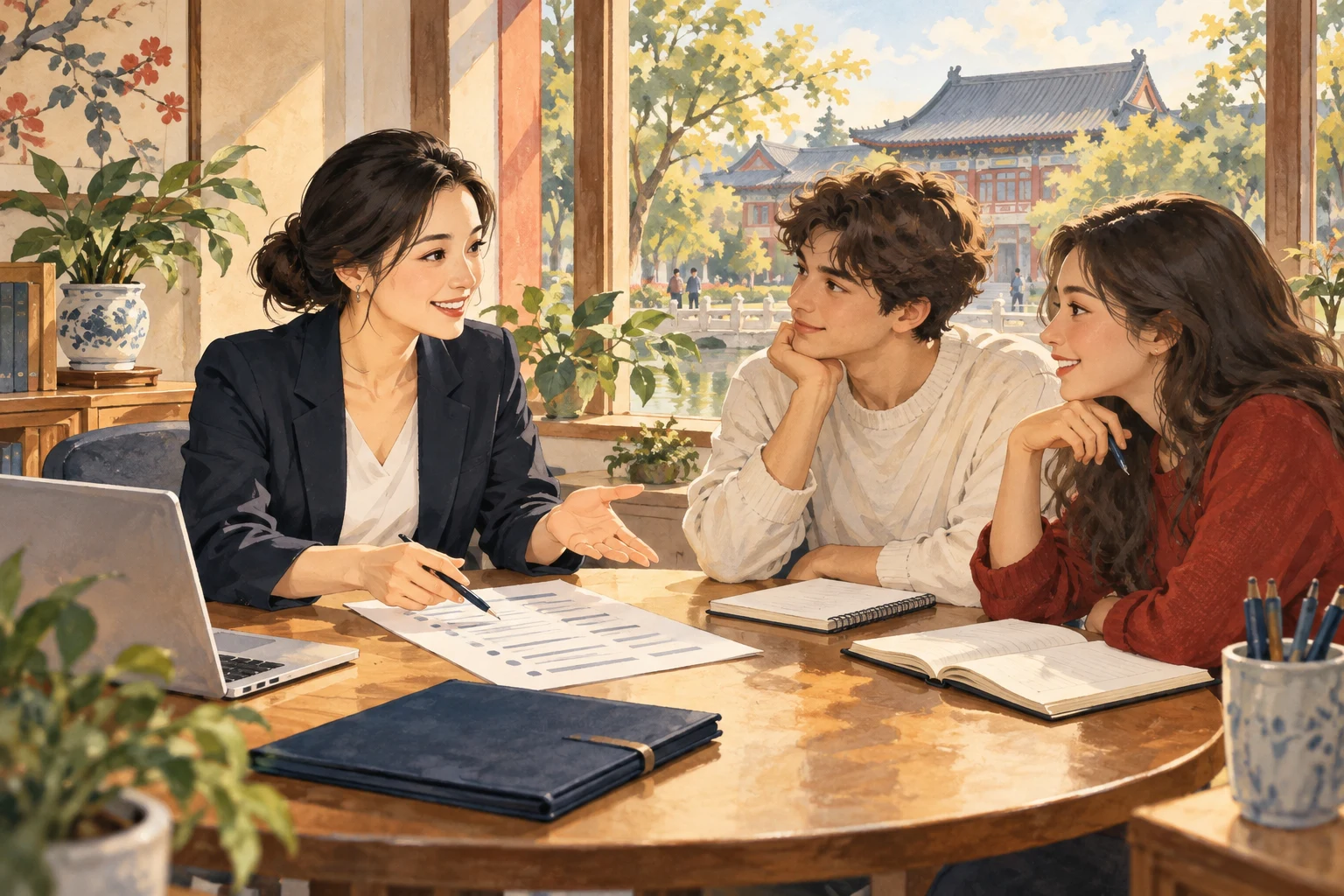 Illustration of an education adviser discussing university applications with two students
