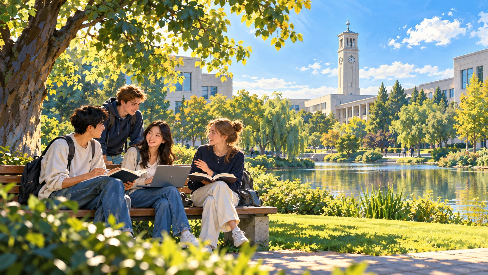Painted illustration of an imagined student study group in a Nottingham Ningbo-inspired campus garden