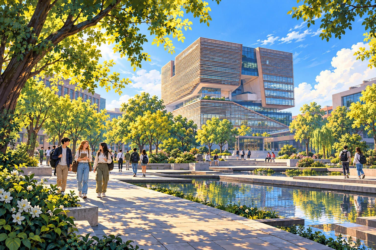 Painted interpretation of a landscaped academic courtyard inspired by XJTLU’s Suzhou campus