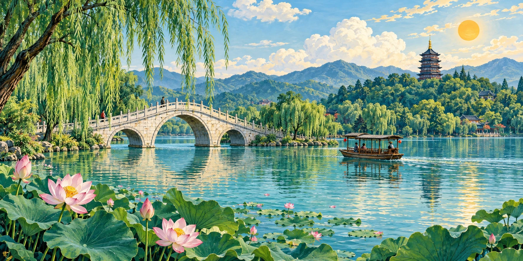 AI city illustration inspired by West Lake in Hangzhou