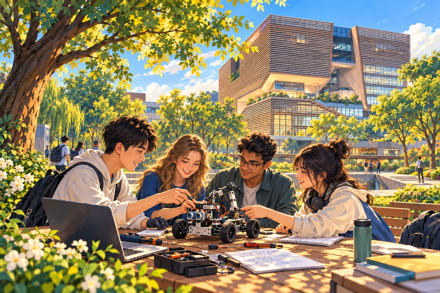 Painted illustration of an imagined international student robotics discussion in an XJTLU-inspired campus setting