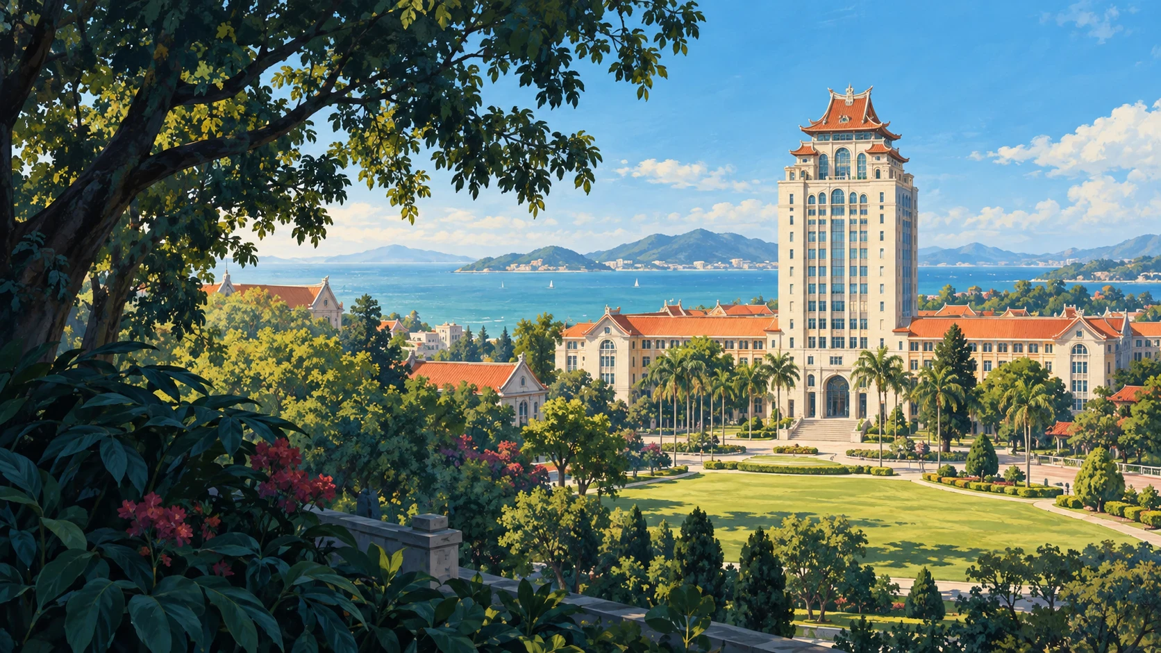 Painted AI illustration inspired by the Song’en building and Jiageng architecture of Xiamen University