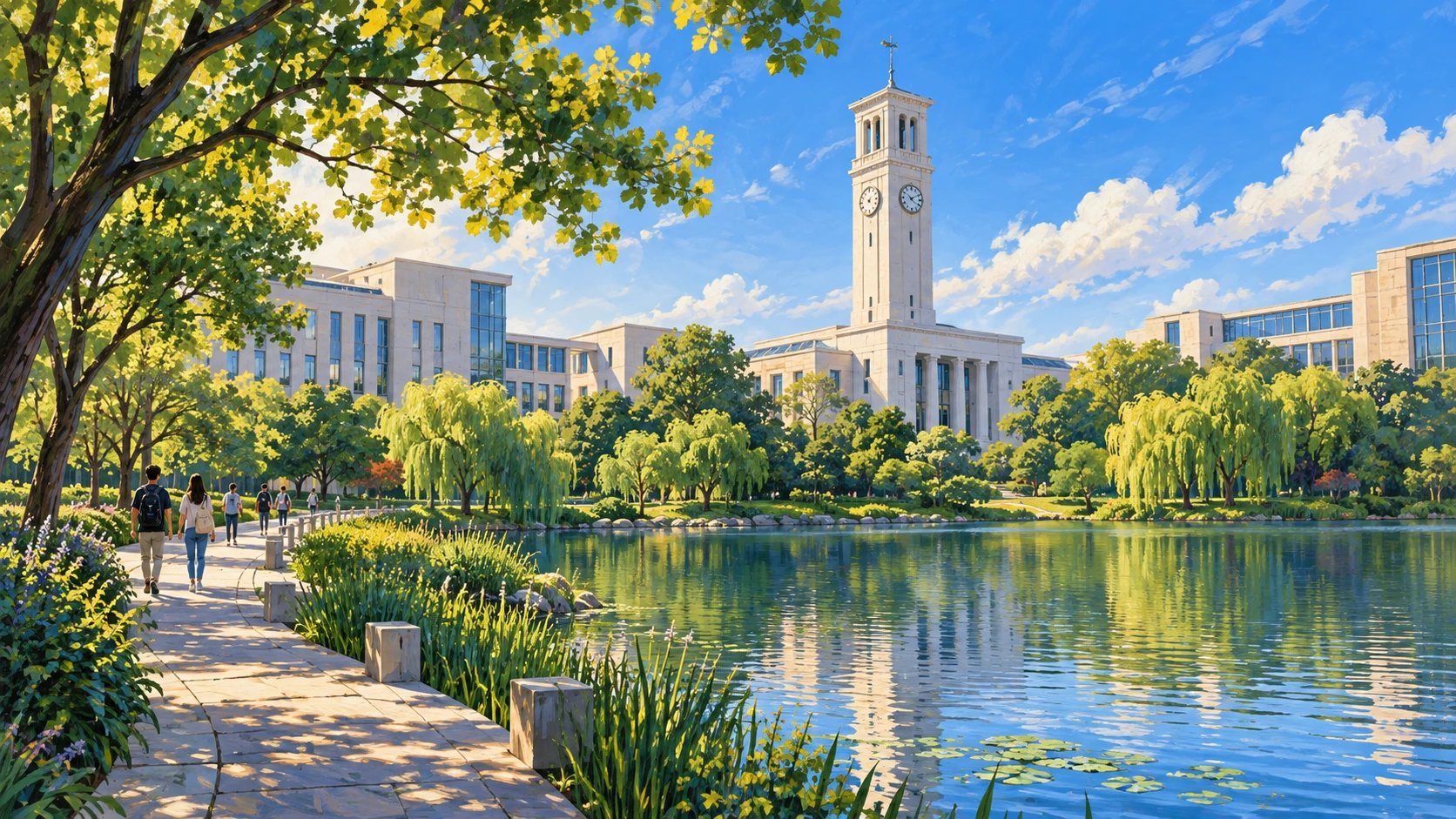 Painted interpretation of a Nottingham Ningbo-inspired lakeside campus with the Trent Building clock tower