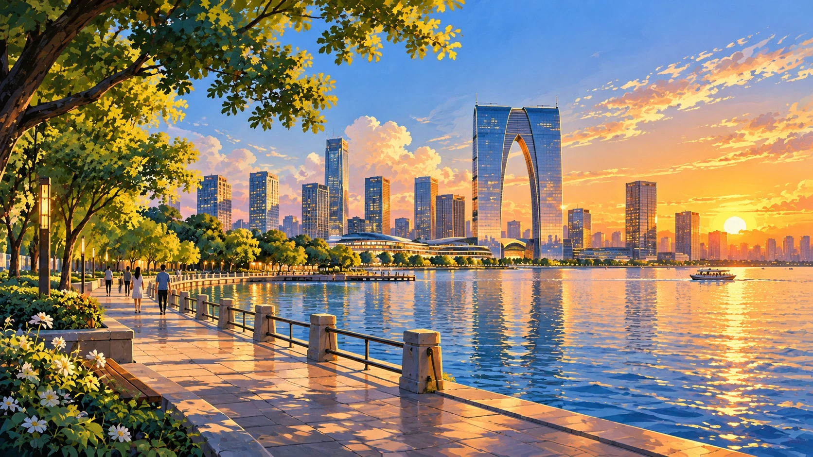 Painted interpretation of Suzhou’s Jinji Lake waterfront and Gate of the Orient skyline