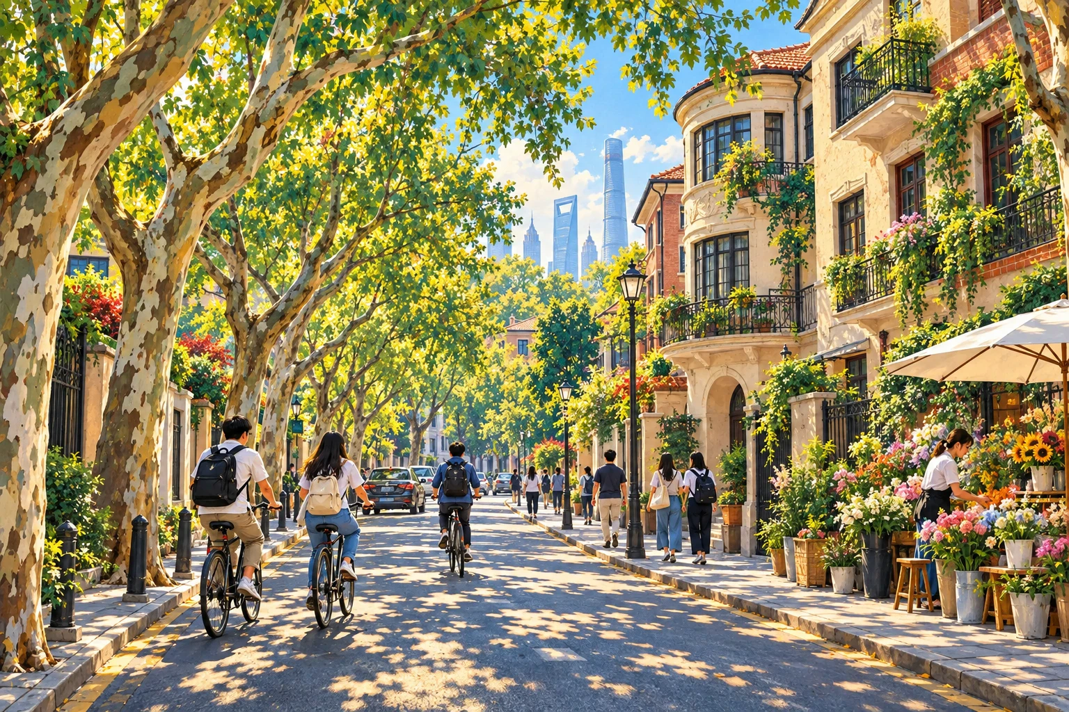 Painted AI interpretation of students exploring a leafy Shanghai street