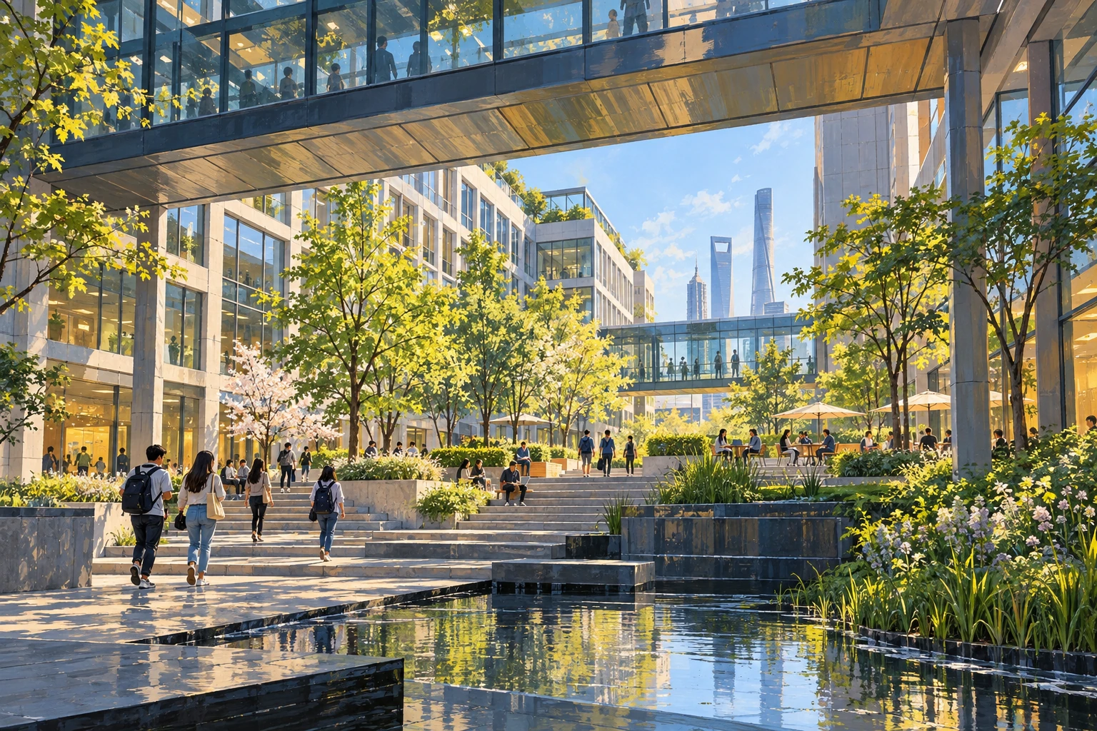 Painted interpretation of a university courtyard inspired by NYU Shanghai’s New Bund setting