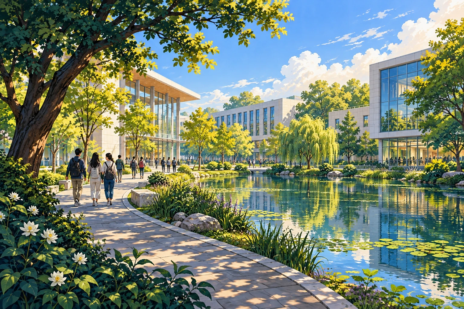 Painted interpretation of water gardens and paths inspired by Duke Kunshan University’s campus