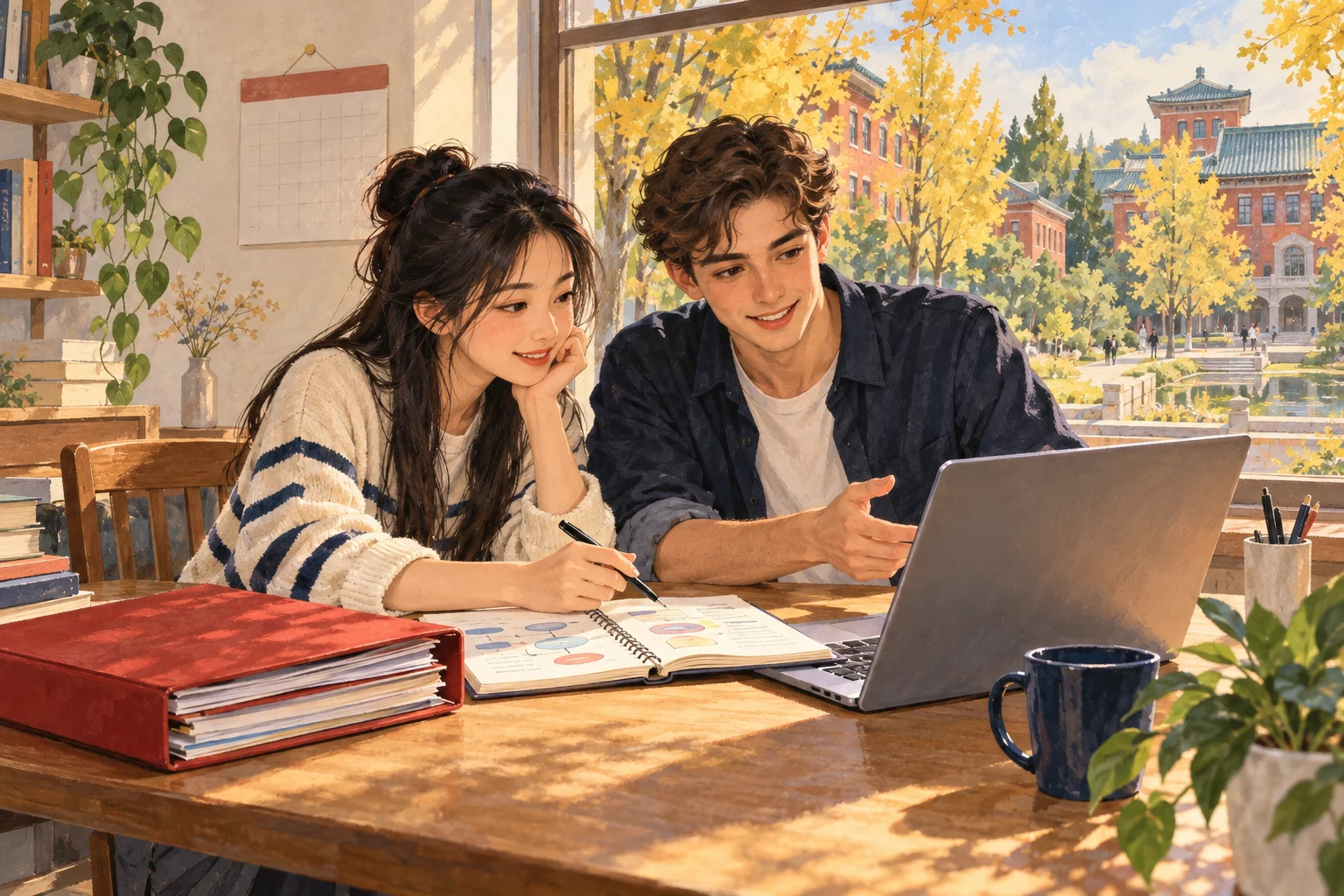 Illustration of two students planning university applications beside a window overlooking a Chinese campus