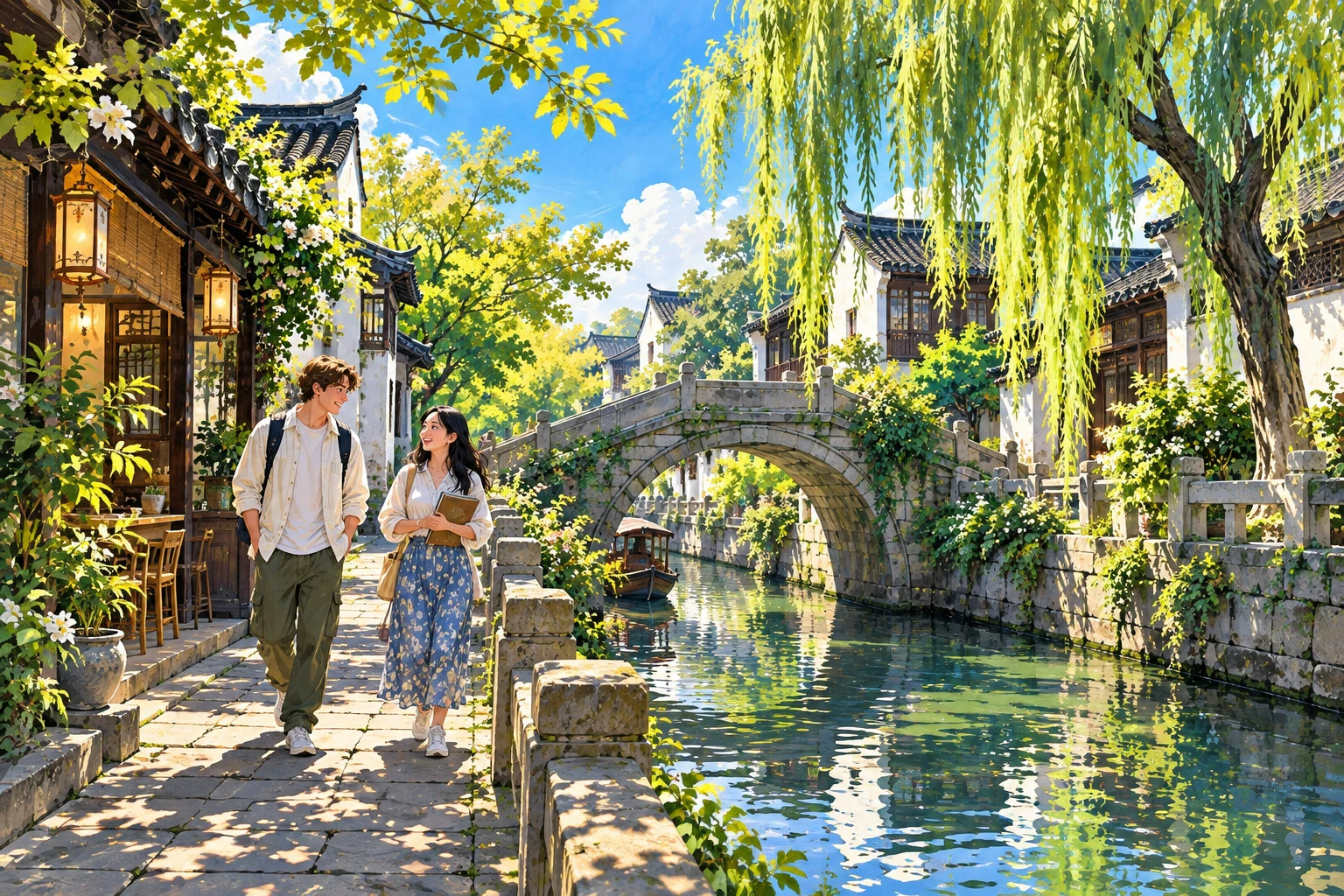 Painted interpretation of students exploring Suzhou’s old-town canal streets