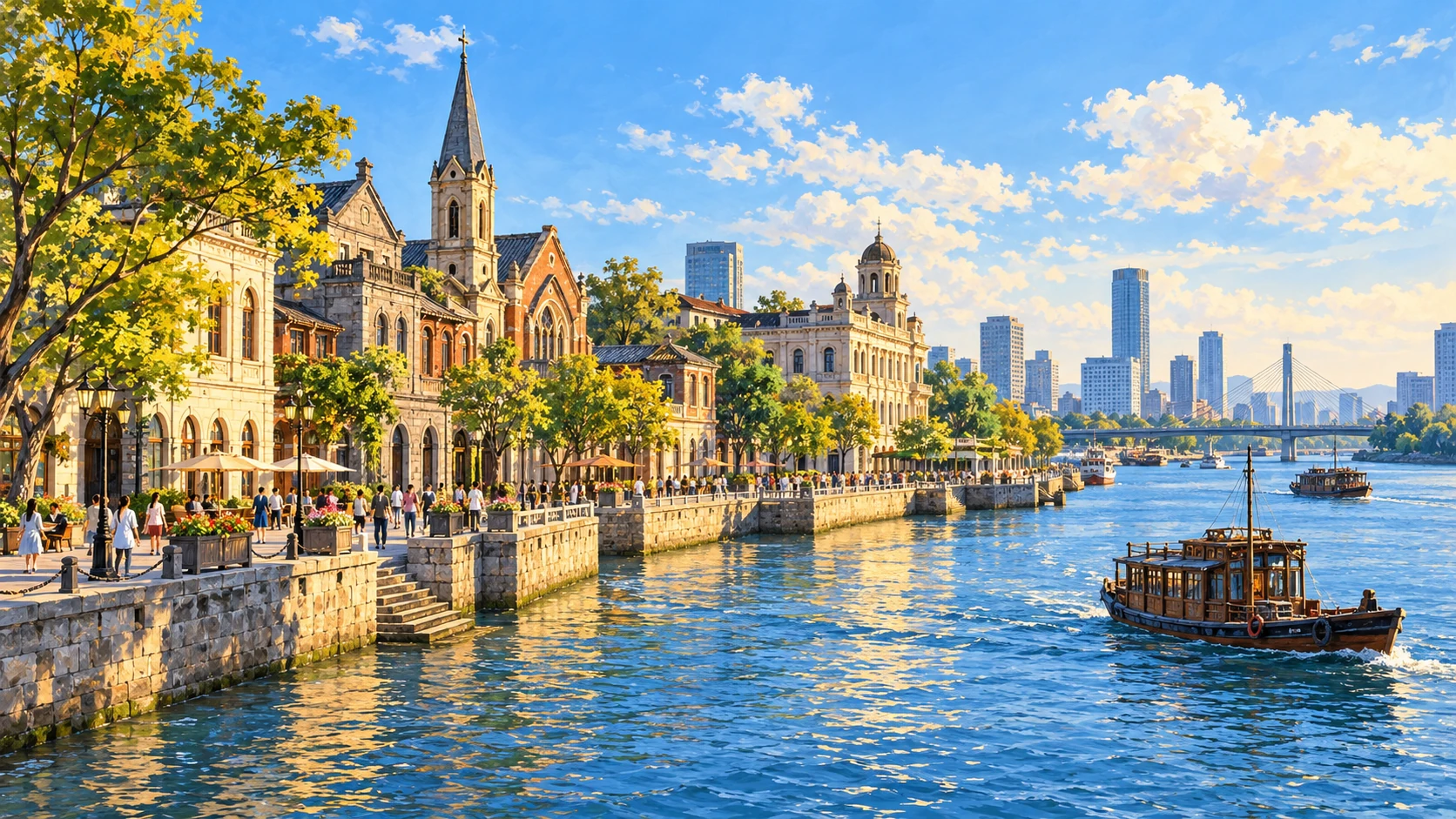 Painted interpretation inspired by Ningbo’s Old Bund riverfront, historic architecture and city skyline