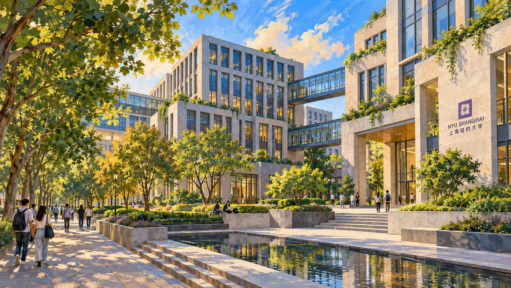 Painted interpretation inspired by NYU Shanghai’s modern New Bund campus and glass skybridges