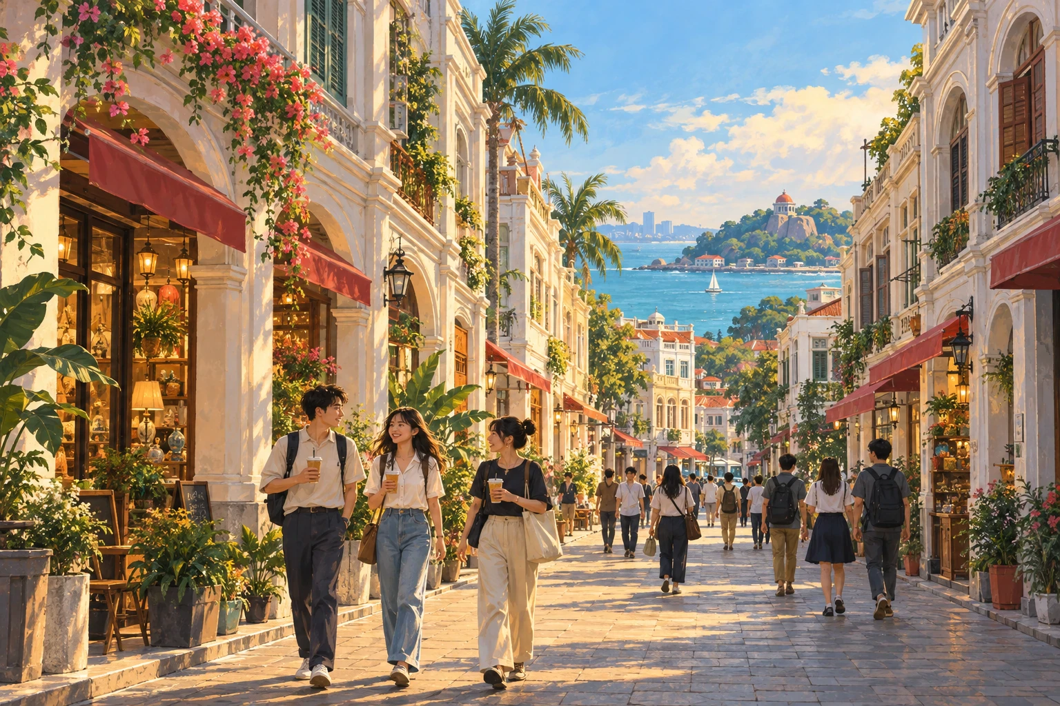 Painted AI interpretation of student life among Xiamen Zhongshan Road-inspired arcaded shophouses