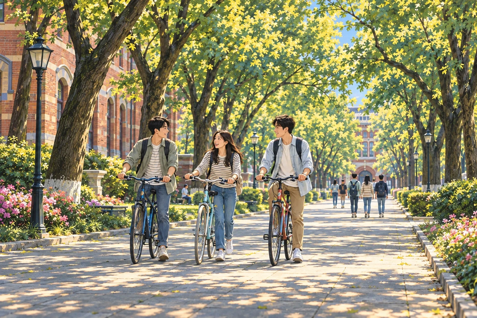 Painted AI illustration of students cycling beneath trees among Tsinghua's red-brick campus buildings