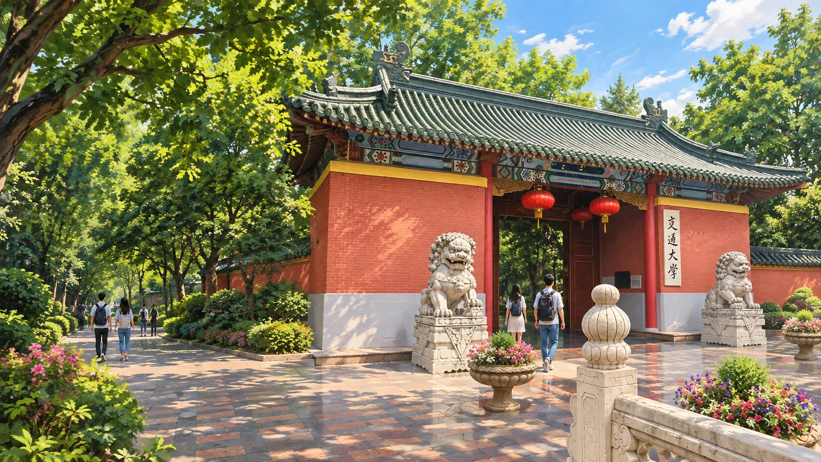 Painted AI interpretation inspired by the historic Xuhui gate of Shanghai Jiao Tong University, with its red walls and stone lions