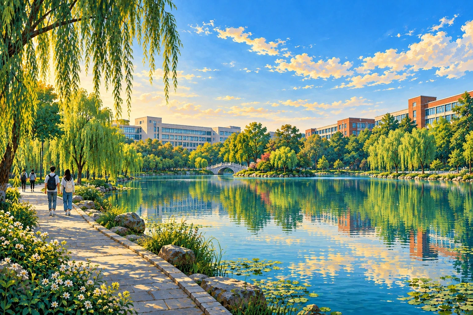 Painted AI interpretation inspired by Qizhen Lake and the modern lakeside teaching buildings on Zhejiang University's Zijingang campus