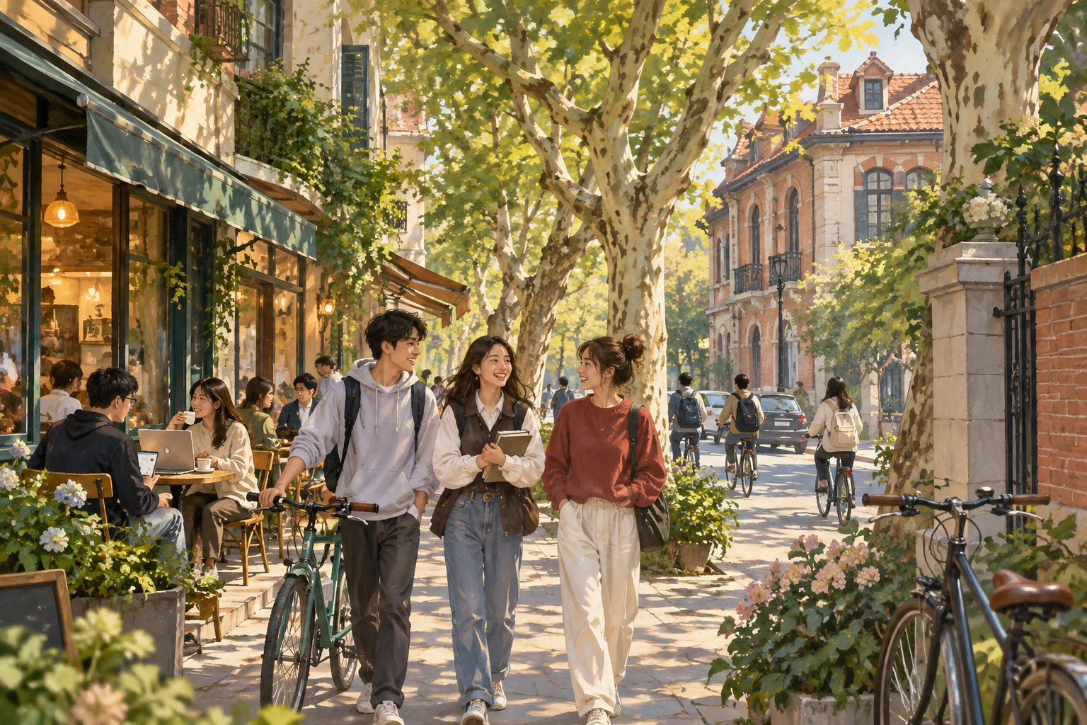 Painted AI interpretation of students walking and cycling along a leafy Shanghai street with cafes