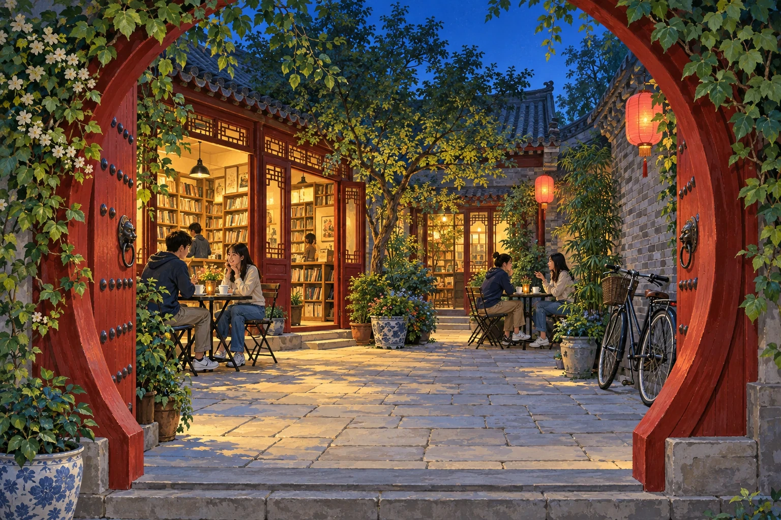 Illustration of students chatting in a leafy courtyard café