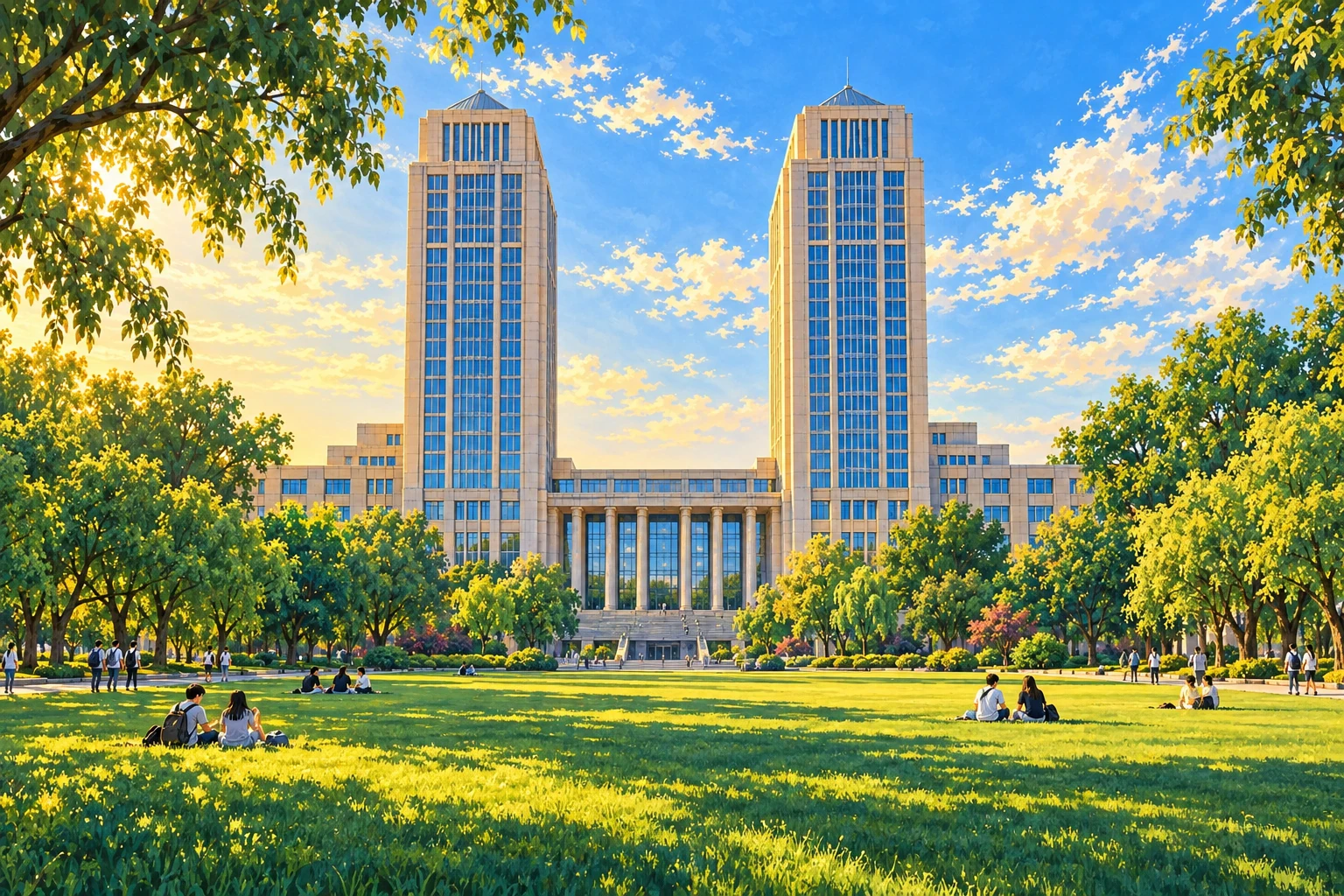 Painted AI interpretation inspired by Fudan University's twin Guanghua Towers and campus lawn in Shanghai