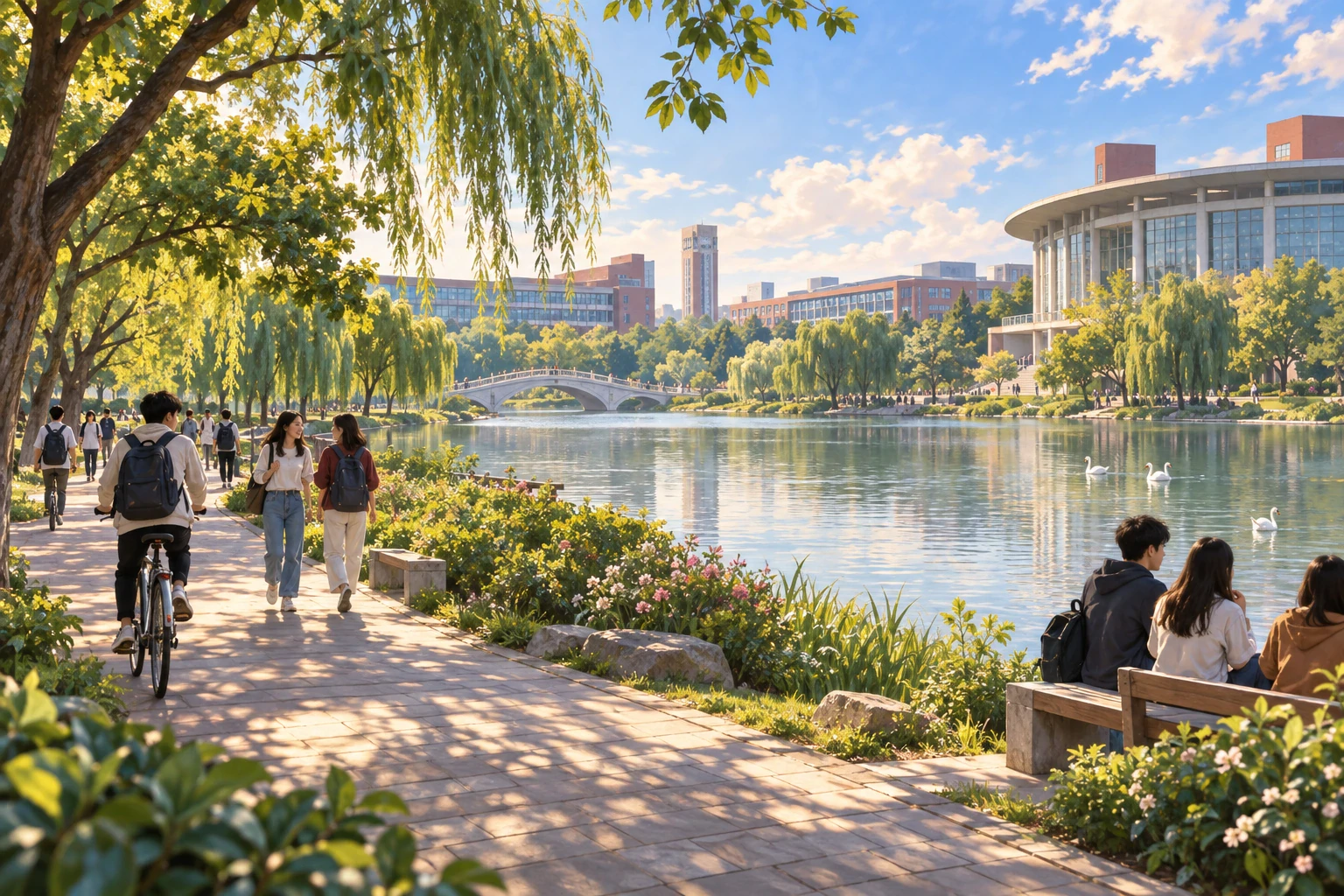 Painted AI interpretation of students walking and cycling beside a lake on an imagined Shanghai university campus