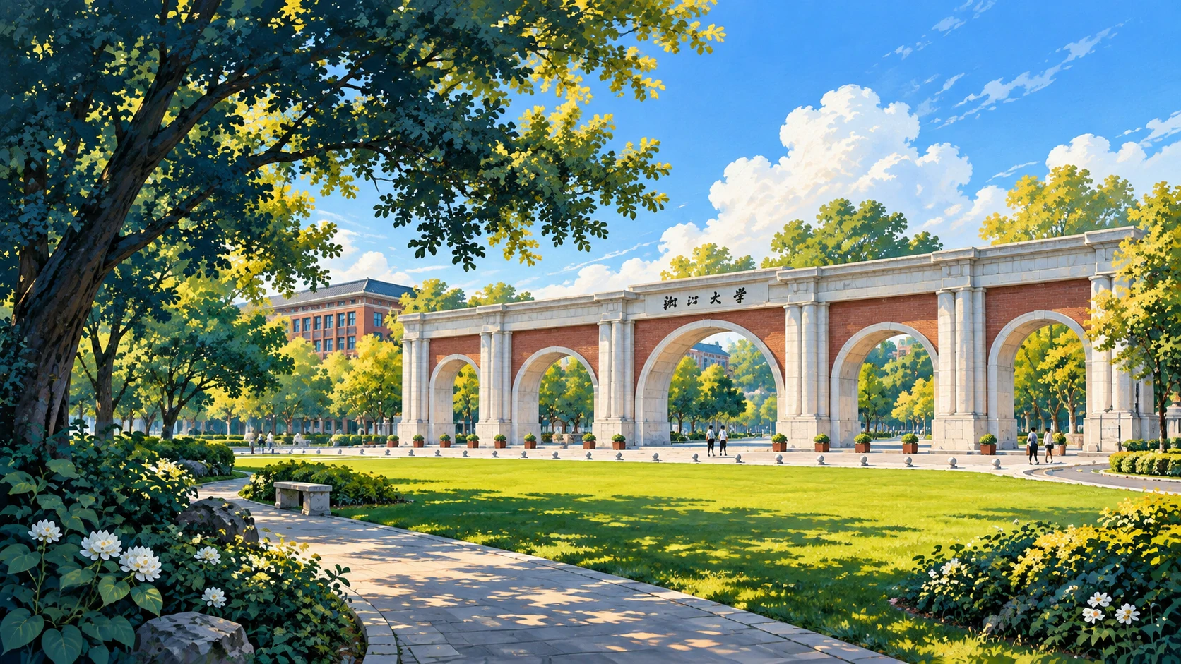 Painted AI illustration inspired by Zhejiang University's five-arched Zijingang entrance in Hangzhou