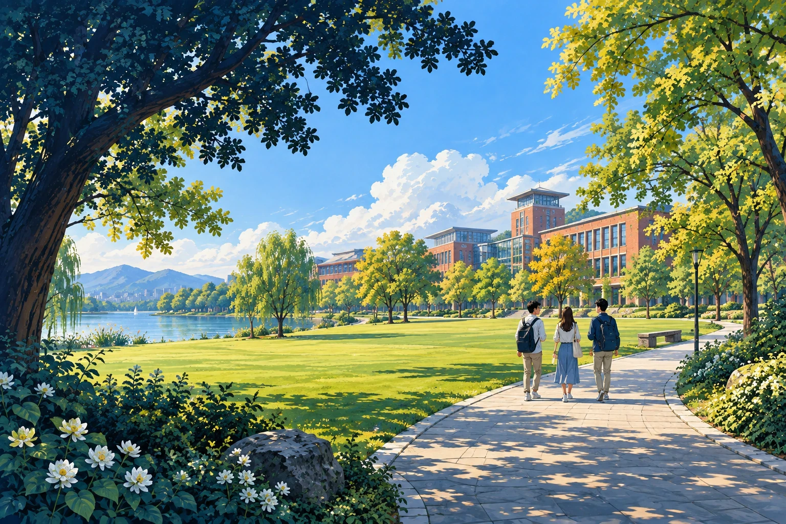 Painted AI illustration of students walking beside a lake and teaching buildings on Zhejiang University's Zijingang campus