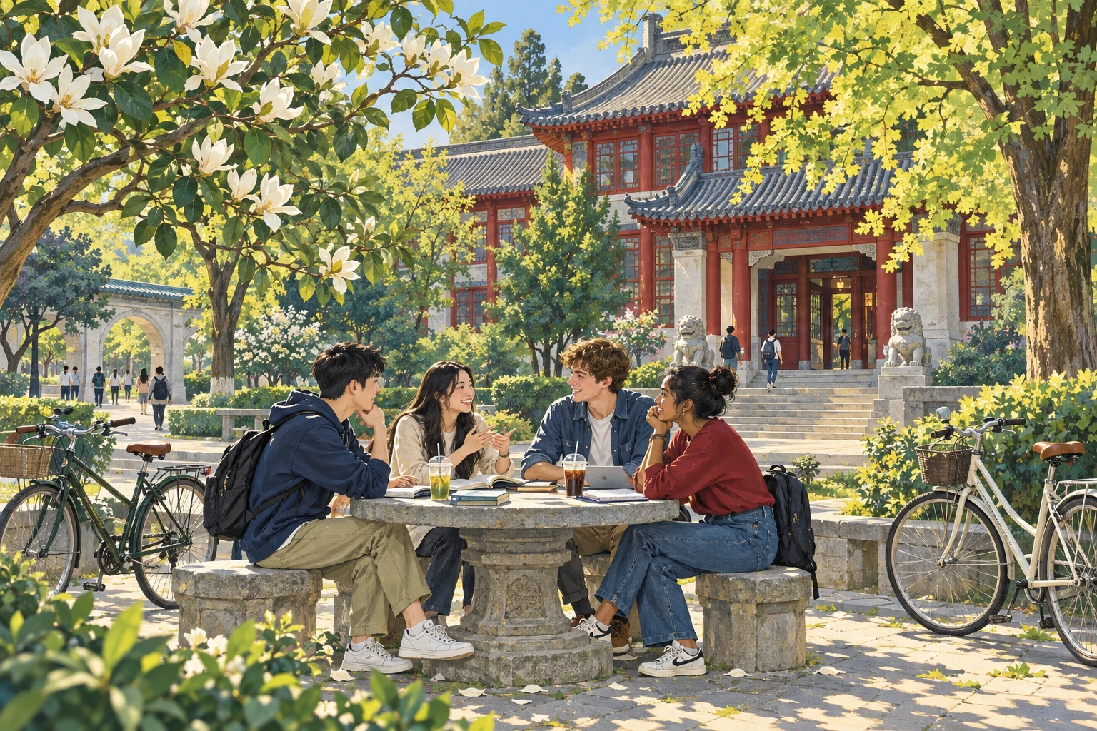 AI illustration of students talking outside traditional campus buildings at Peking University